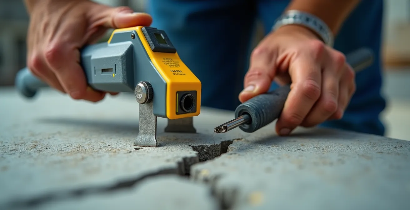 Gros plan détaillé sur un diagnostic technique en cours : inspection de fondations, outils de mesure, notes d'expertise