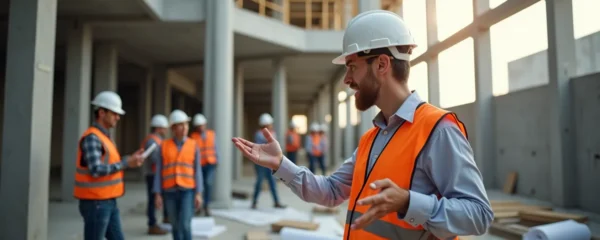 Un contractant général supervisant un chantier moderne, coordonnant plusieurs corps de métier en harmonie