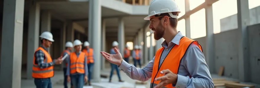 Un contractant général supervisant un chantier moderne, coordonnant plusieurs corps de métier en harmonie