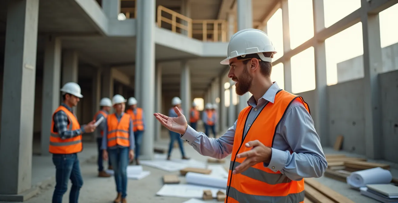 Un contractant général supervisant un chantier moderne, coordonnant plusieurs corps de métier en harmonie