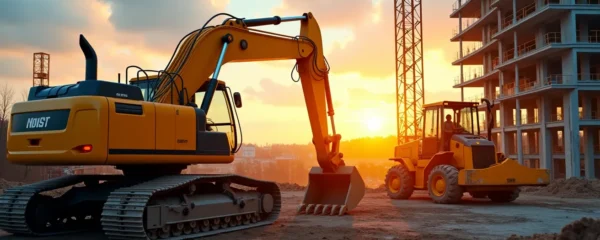 Vue large d'un chantier de construction moderne avec machinerie lourde en action