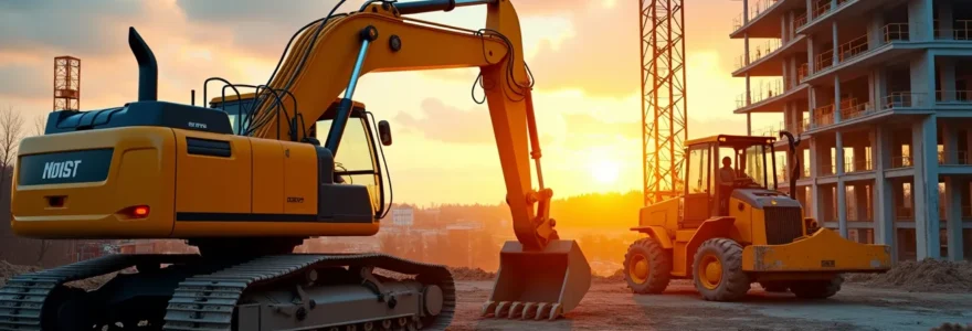 Vue large d'un chantier de construction moderne avec machinerie lourde en action
