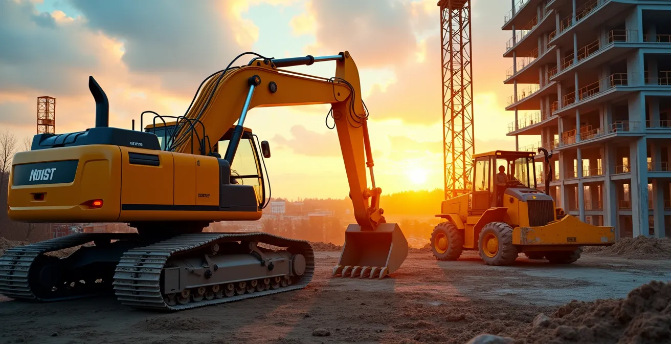 Vue large d'un chantier de construction moderne avec machinerie lourde en action