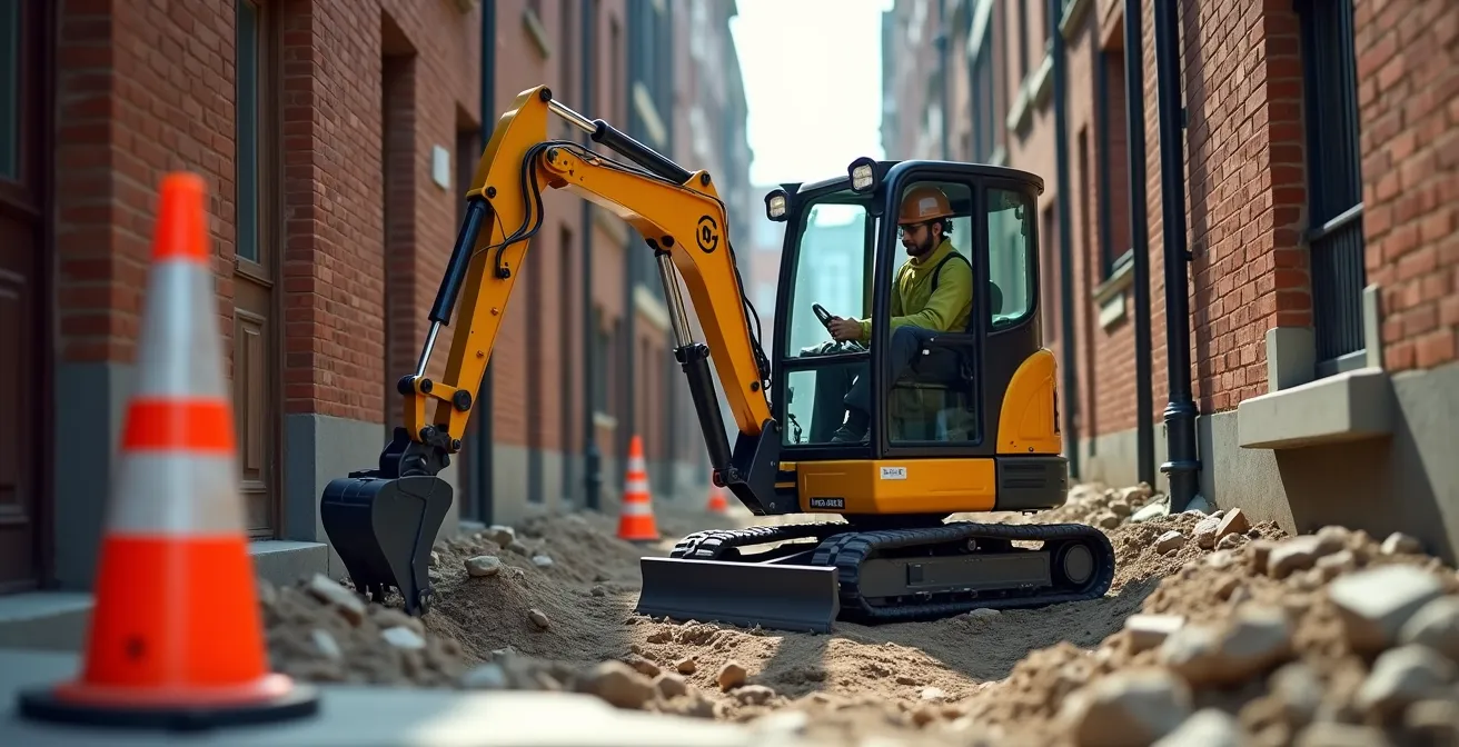 Mini-pelle compacte manœuvrant dans un espace de chantier urbain restreint