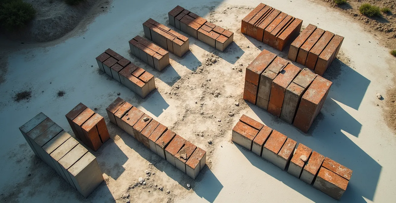 Vue aérienne d'un chantier de construction montrant différents matériaux de construction organisés en zones distinctes