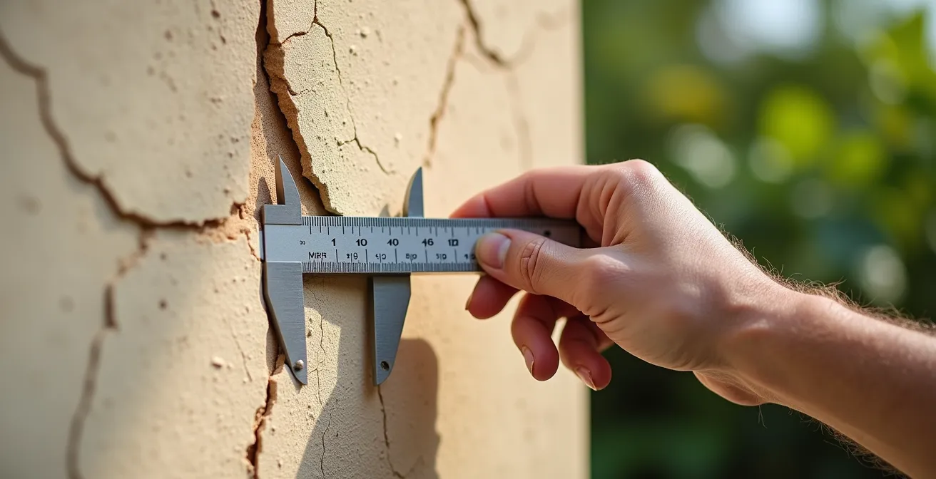 Main professionnelle examinant une fissure caractéristique sur un mur extérieur