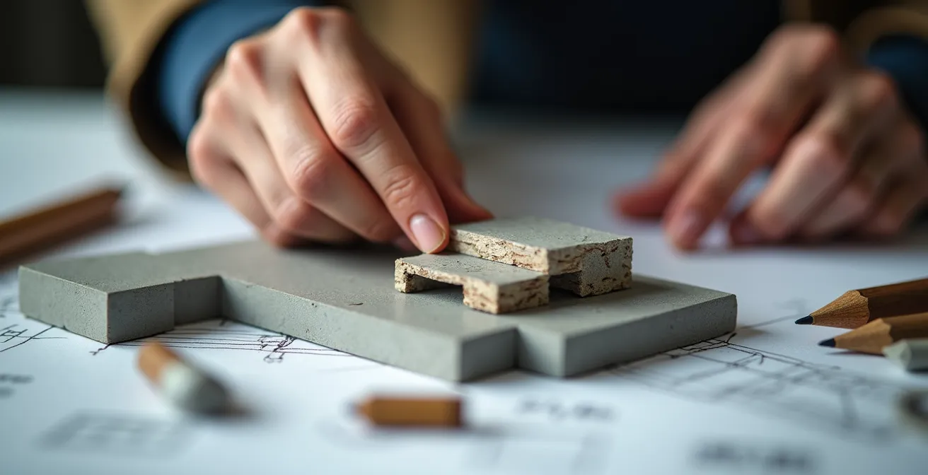 Gros plan sur des mains d'expert examinant une maquette architecturale avec des échantillons de matériaux de construction disposés autour