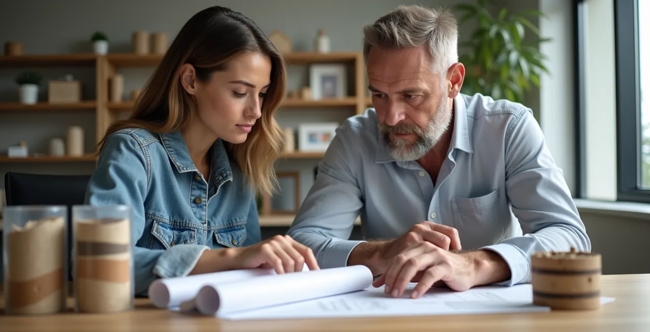 Architecte et propriétaire consultant des plans de fondations avec échantillons de sol