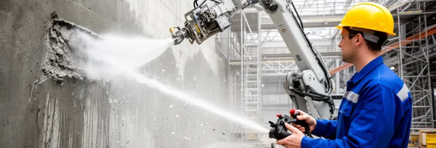 Robot d'hydrodémolition projetant un jet d'eau haute pression sur une paroi béton avec éclats de matière visibles