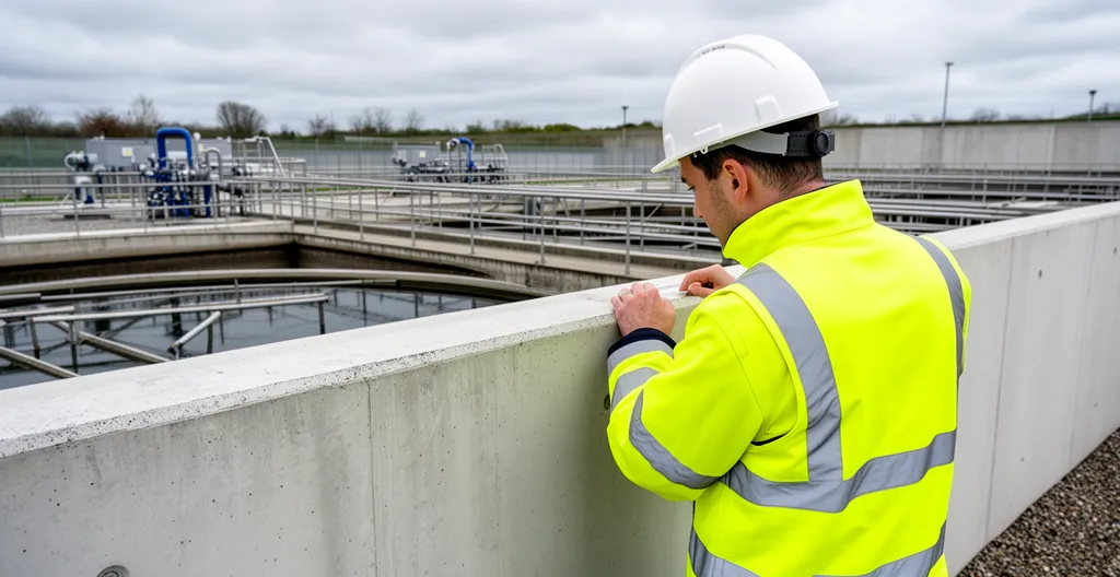 Technicien en gilet haute visibilité inspectant paroi béton réhabilitée dans station d'épuration