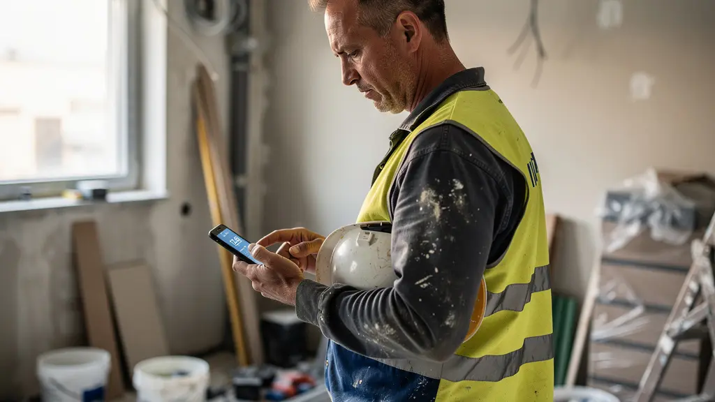 Artisan consultant son téléphone sur un chantier de rénovation avec expression de frustration