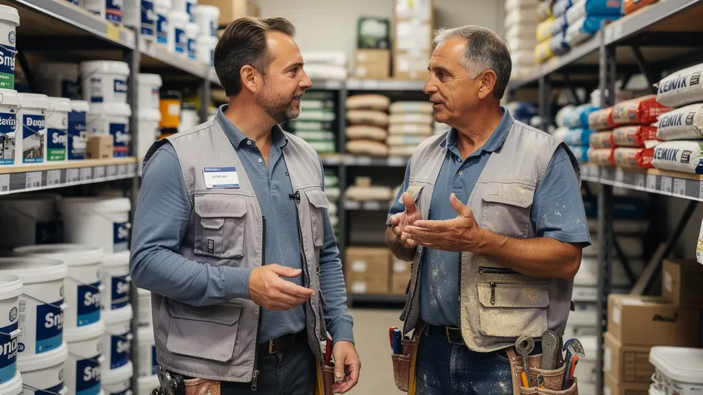 Conseiller et artisan en discussion devant un rayonnage de matériaux de construction