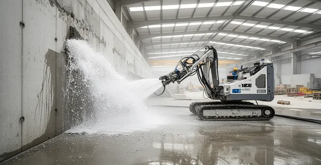 Robot d'hydrodémolition projetant un jet haute pression sur surface béton en chantier industriel