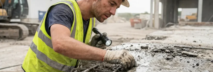 Technicien BTP inspectant surface béton après hydrodémolition avec armatures préservées visibles