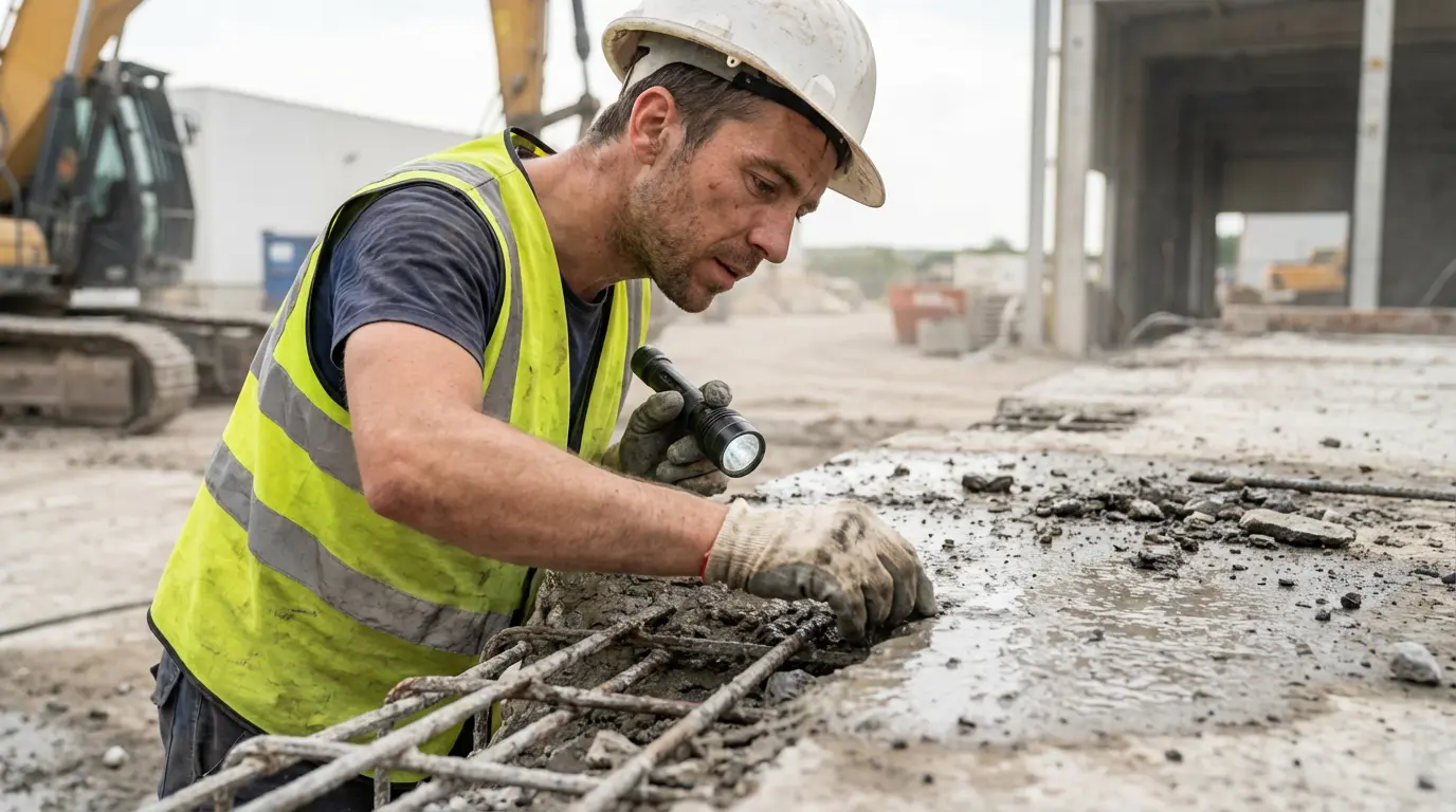 Technicien BTP inspectant surface béton après hydrodémolition avec armatures préservées visibles