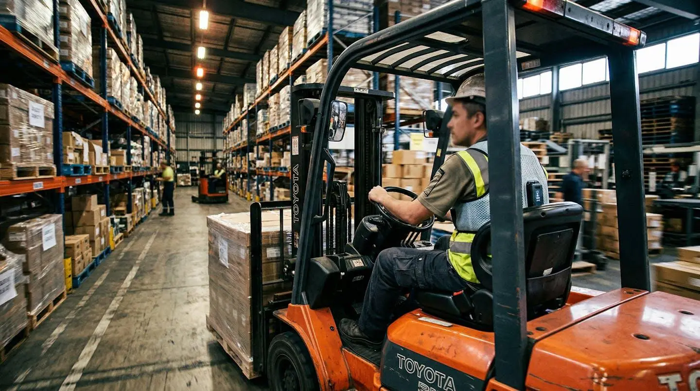 Un cariste vu de profil au volant de son engin dans un entrepôt logistique, portant un gilet rafraîchissant