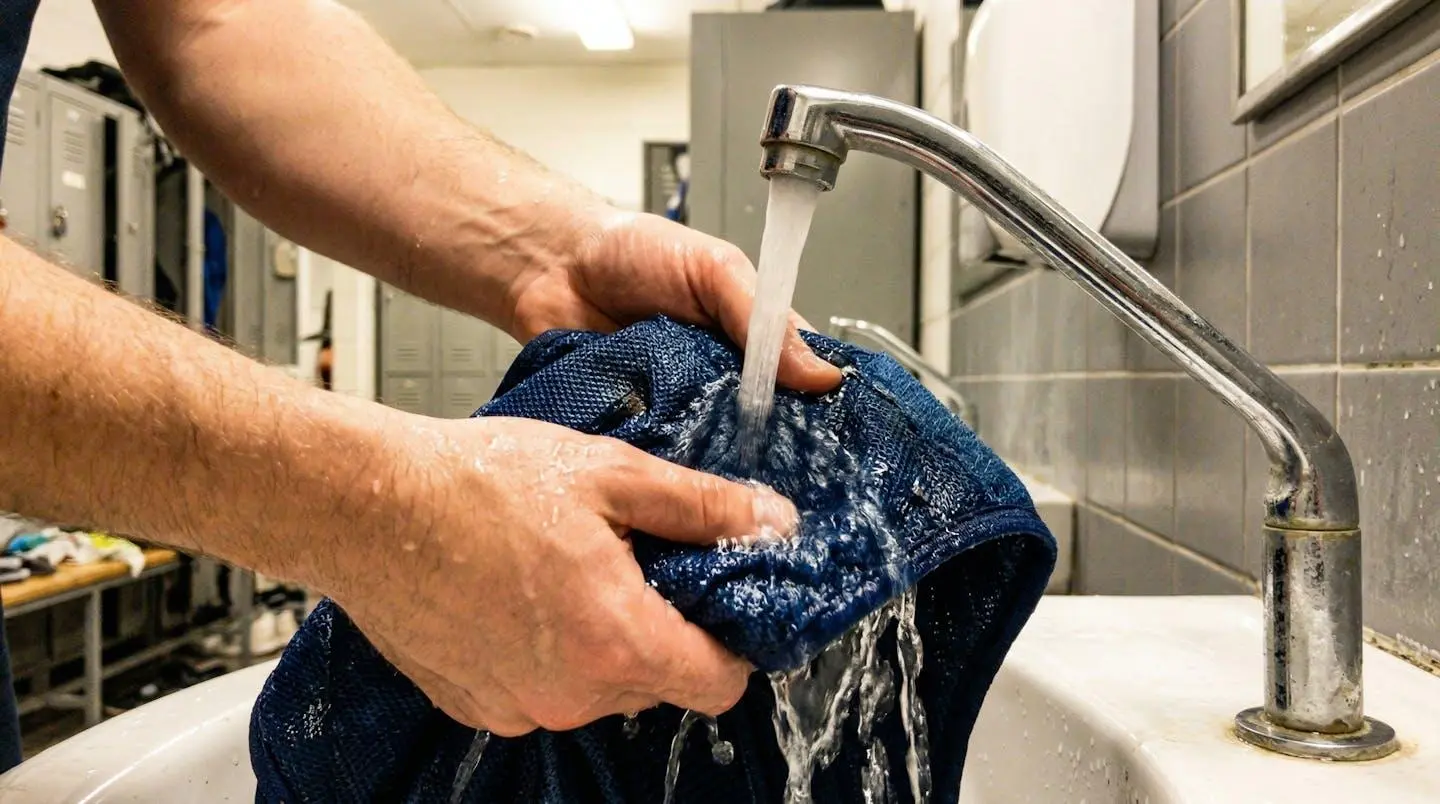 Gros plan sur des mains faisant couler de l'eau sur un gilet réfrigérant sous un robinet dans un vestiaire industriel