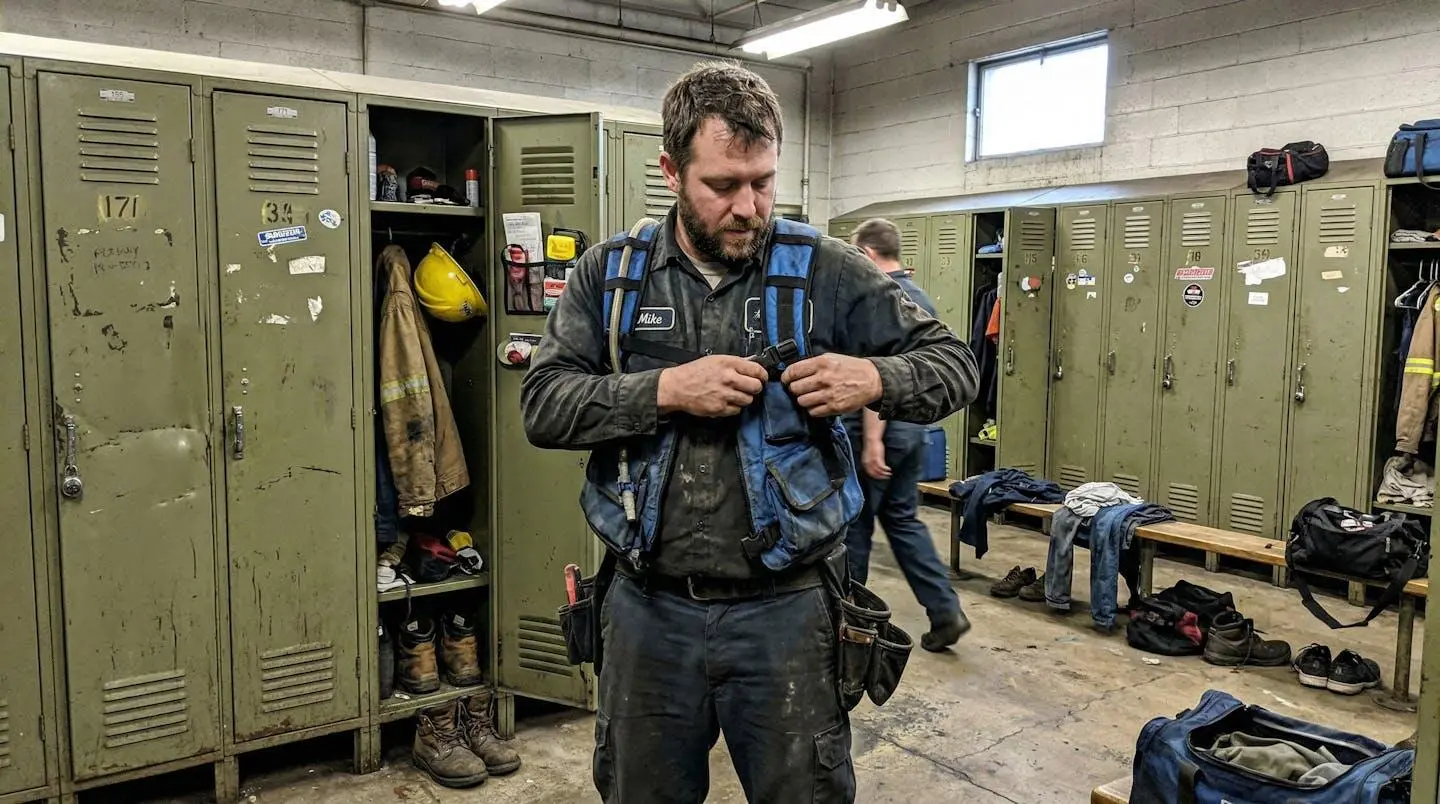 Un opérateur industriel ajustant les sangles de son gilet réfrigérant dans un vestiaire d'usine