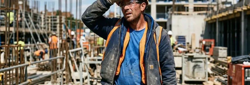 Un ouvrier du BTP vu de trois-quarts sur un chantier ensoleillé, portant un gilet rafraîchissant visible sous sa veste de travail, essuyant son front