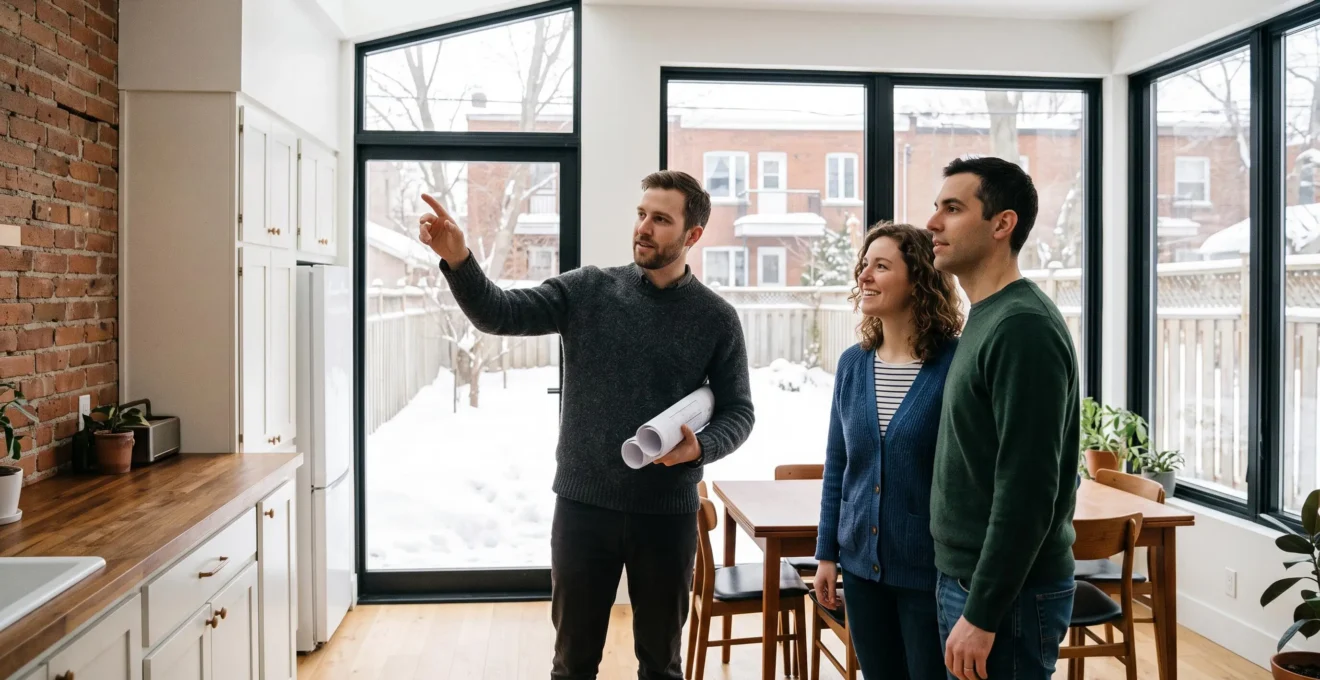 Un architecte présente un projet d'extension avec cuisine ouverte à un couple propriétaire à Montréal.