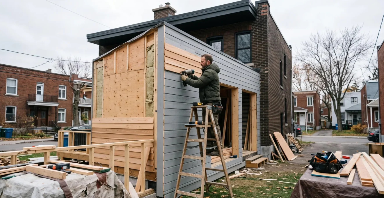 Un charpentier installe un panneau de revêtement sur une extension de maison en construction dans une rue résidentielle de Montréal.