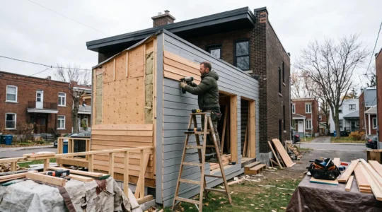 Un charpentier installe un panneau de revêtement sur une extension de maison en construction dans une rue résidentielle de Montréal.