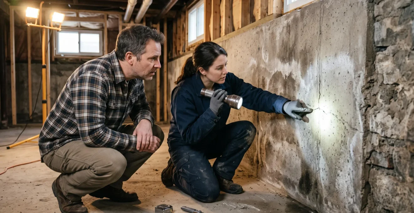 Un ingénieur et un propriétaire inspectent la fondation en béton d'un sous-sol avant des travaux d'extension.